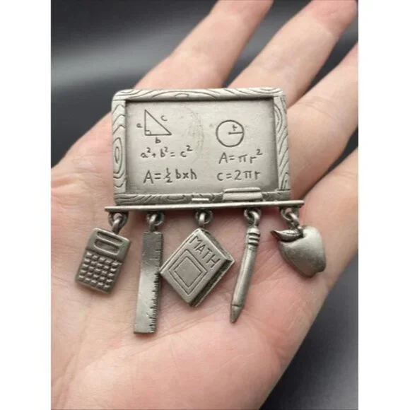 Vtg JJ JONETTE Brooch Pin Pewter Math Teacher Chalkboard Charm School Algebra - Picture 2 of 11